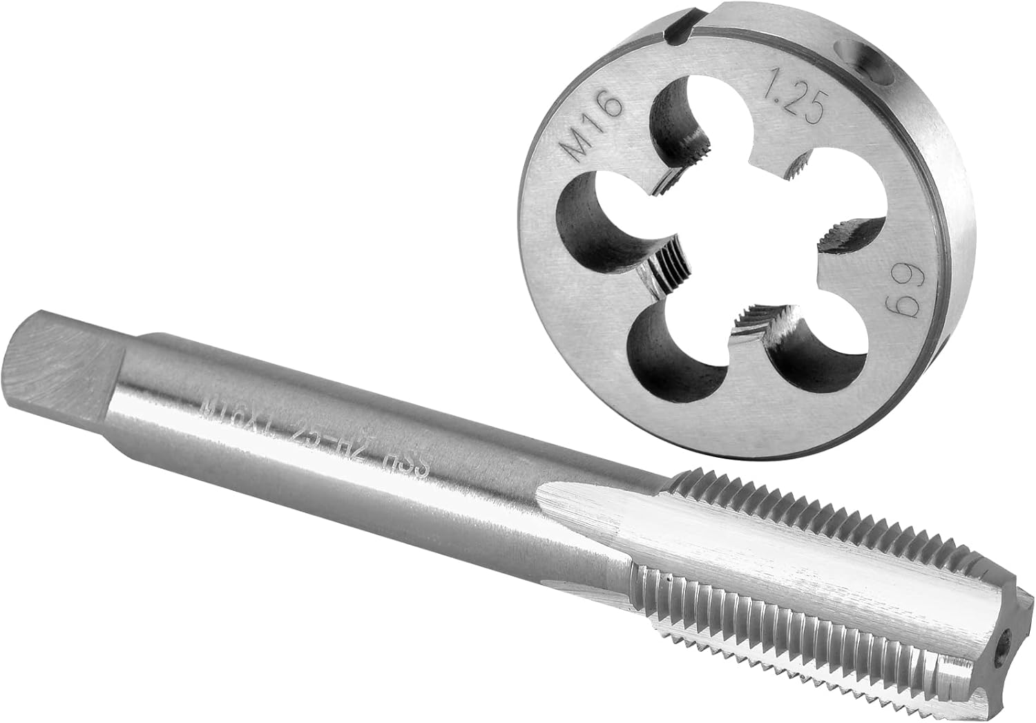 Burkit M16x1.25 thread tap being used on a metal workpiece
