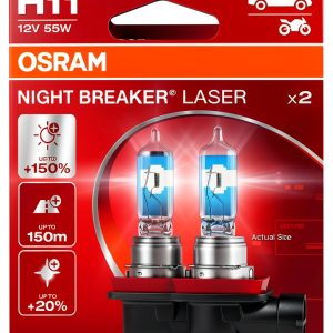OSRAM NIGHT BREAKER LASER H11, +150% Brighter Halogen Headlight Lamp, 64211NL-2HB, 12V, Hanging Folding Box (2 Lamps)-0