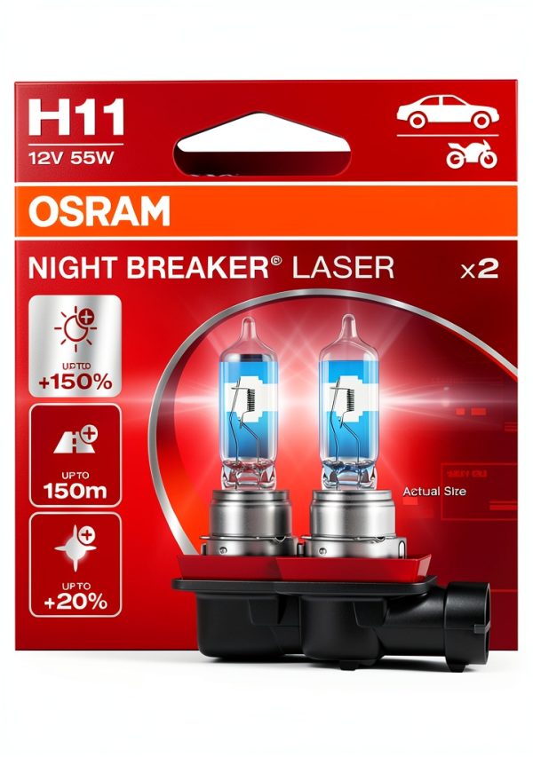 OSRAM NIGHT BREAKER LASER H11, +150% Brighter Halogen Headlight Lamp, 64211NL-2HB, 12V, Hanging Folding Box (2 Lamps)-0